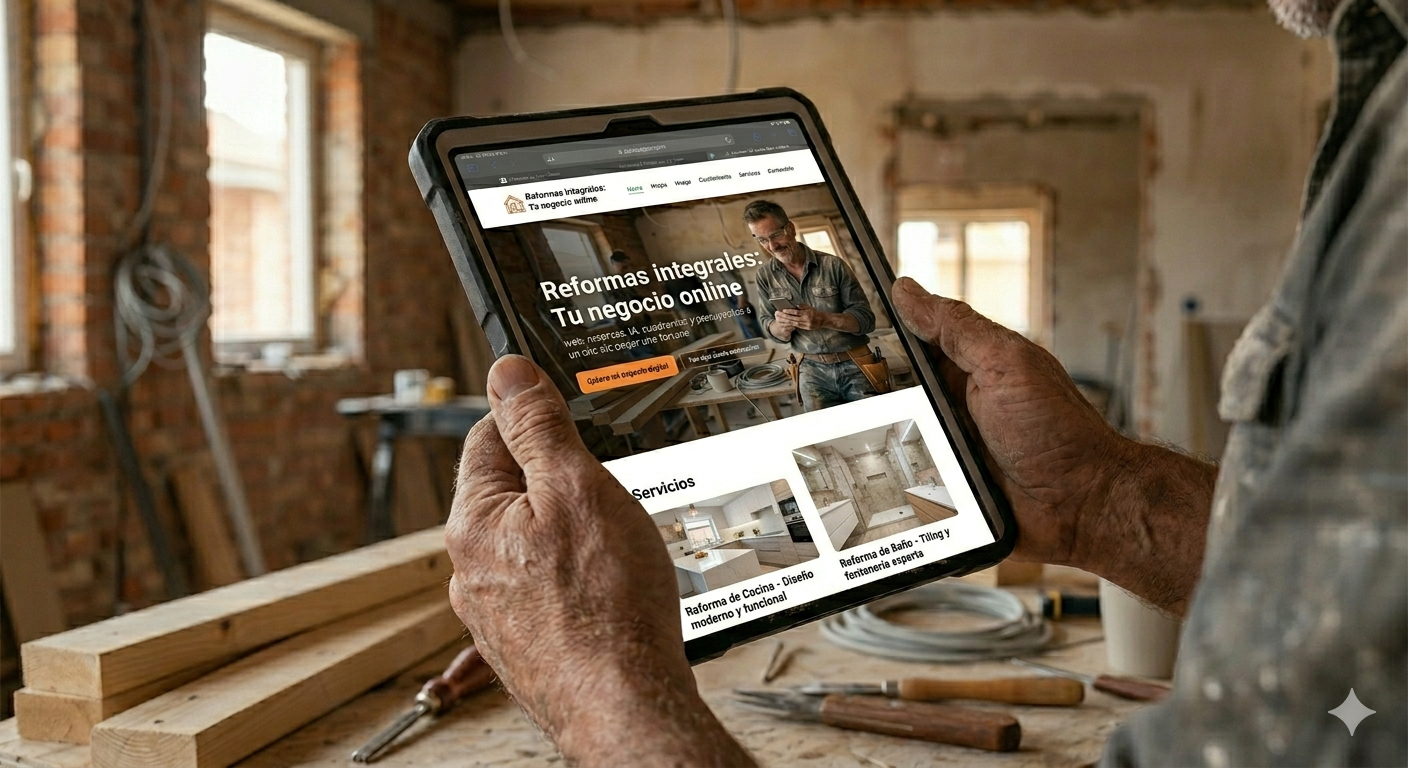 Operario viendo la web de su negocio en una tablet